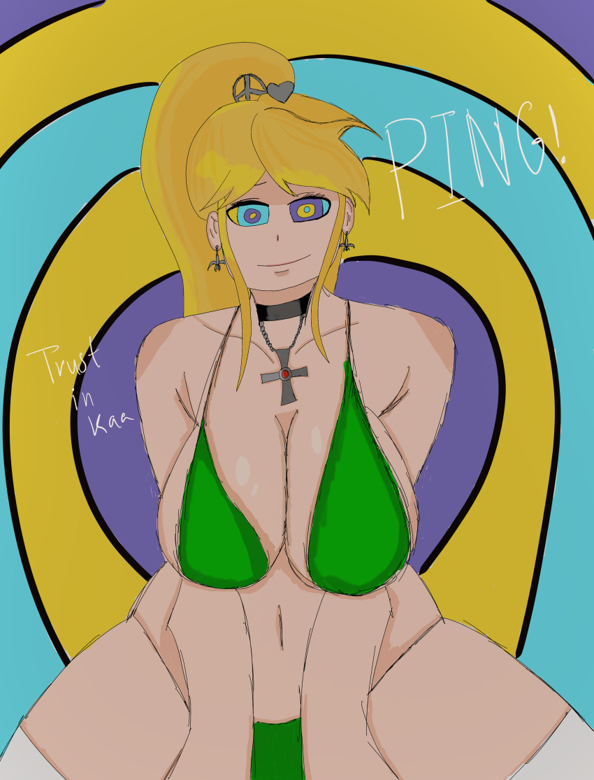 absurdres bikini bikini_bottom bikini_top blonde_hair choker crimson_(stepfordcrimson) female_only femsub hair_ornament happy_trance hypnovember kaa_eyes large_breasts necklace original ping ponytail shysketches smile spiral spiral_eyes text