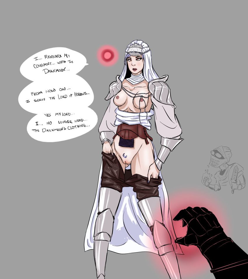 absurdres armor blush breasts crossed_eyes dark_souls dazed dialogue empty_eyes enemy_conversion english_text expressionless female_only femsub gmun hypnotic_orb magic open_mouth original pov pov_dom pussy sirris_(dark_souls) sketch speech_bubble standing text undressing