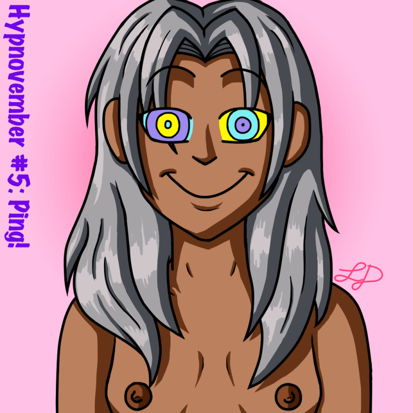 breasts dark_skin elma_(xenoblade) femsub happy_trance hypnovember kaa_eyes long_hair looking_at_viewer lurkingdommy nintendo nipples nude ping signature silver_hair simple_background smile text topless xenoblade_chronicles xenoblade_chronicles_x