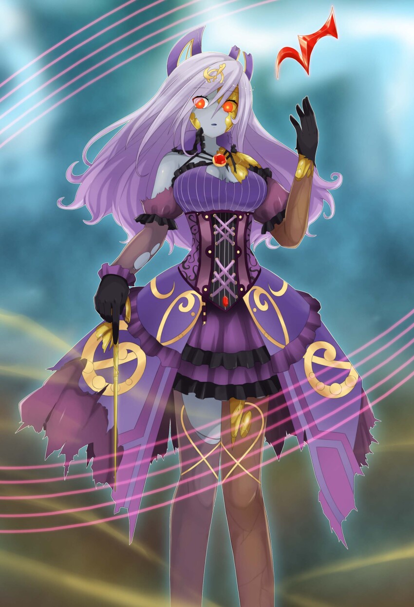 aura corruption enemy_conversion eye_color_change female_only femsub glowing_eyes gold huaquero_of_the_golden_land looking_at_viewer monster_girl orange_eyes purple_hair solsolfachord_gracia tunberuku very_long_hair yu-gi-oh!