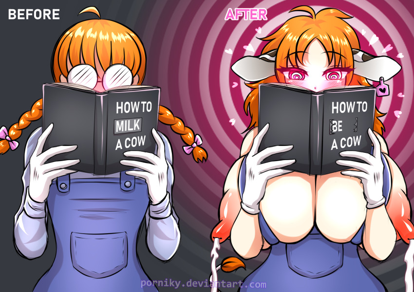 animal_ears before_and_after blush book bow braid breasts cow_girl cow_girl_(porniky) cowgirl female_only femsub glasses gloves happy_trance heart huge_breasts huge_nipples humor hypnotic_object lactation milk nerd orange_hair original porniky ring_eyes solo spiral symbol symbol_in_eyes tail text transformation twin_braids weblink