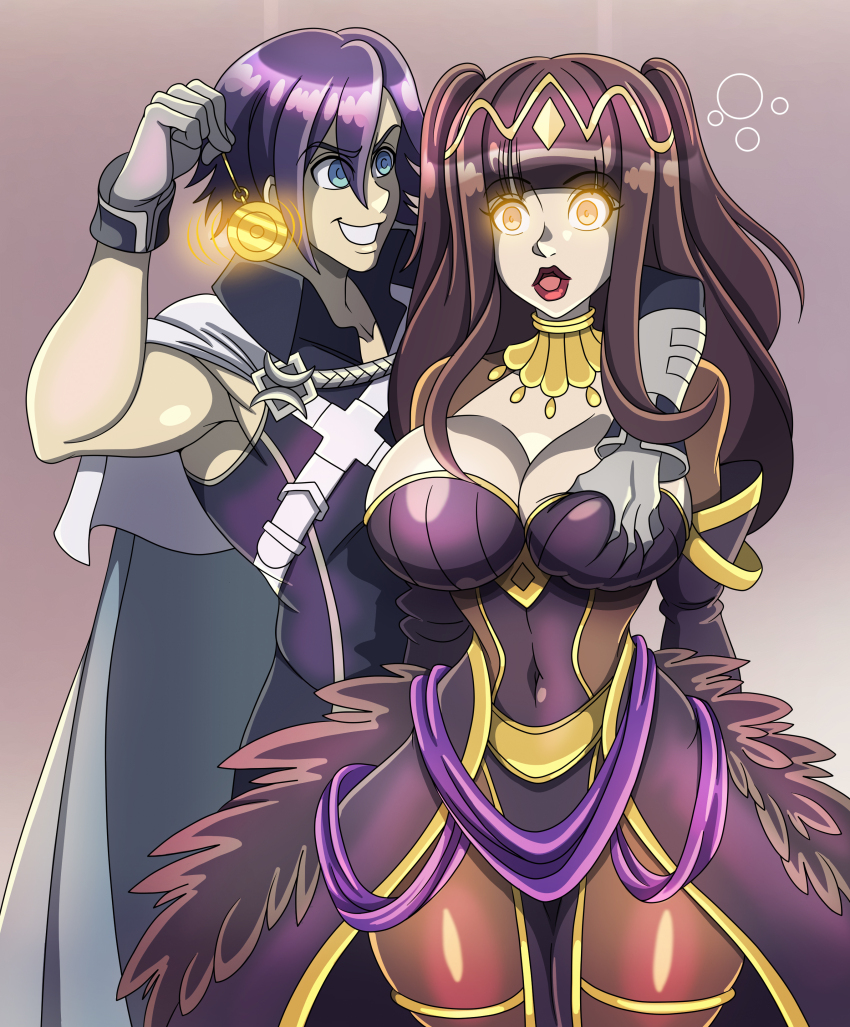 absurdres black_hair blue_eyes blue_hair breast_grab breasts bubble cape chrom_(fire_emblem_awakening) cleavage clothed dress expressionless femsub fire_emblem fire_emblem_heroes gloves glowing glowing_eyes groping hourglass_figure huge_breasts large_hips lipstick long_hair maledom nintendo open_mouth pantyhose pendulum red_lipstick short_hair simple_background smile standing standing_at_attention tharja yellow_eyes zorro-zero