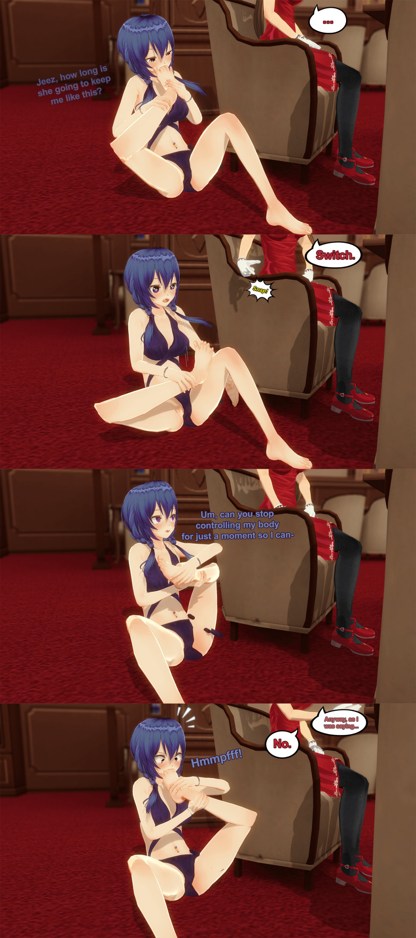 acceptablecherry aware blue_hair body_control foot_licking humiliation navel navel_piercing