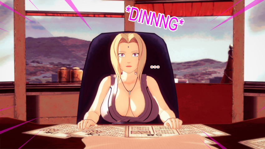 blonde_hair breasts clothed dogdog drool empty_eyes english_text expressionless female_only femsub naruto_(series) purple_hair solo text tsunade