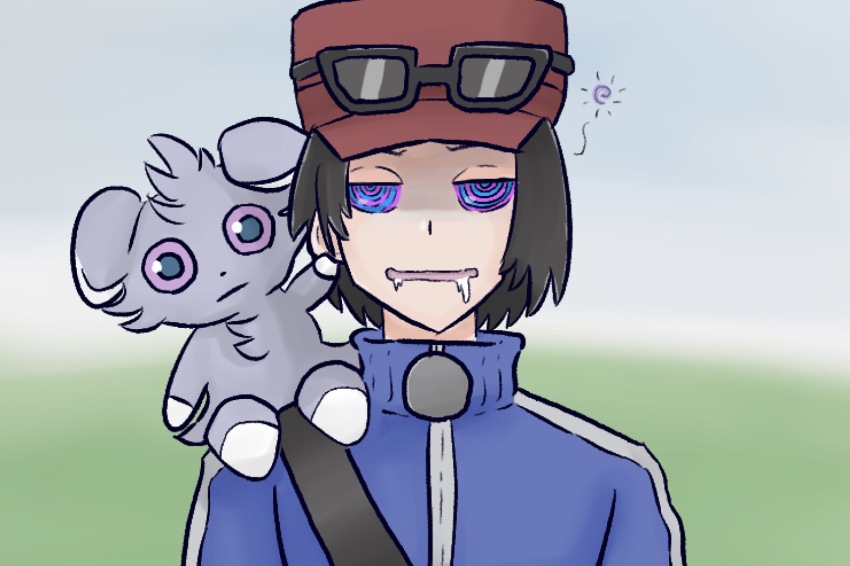 black_hair calem donat333 drool espurr goggles looking_at_viewer male_only malesub nintendo open_mouth pokemon pokemon_(creature) pokemon_trainer pokemon_x_and_y spiral_eyes symbol_in_eyes tagme
