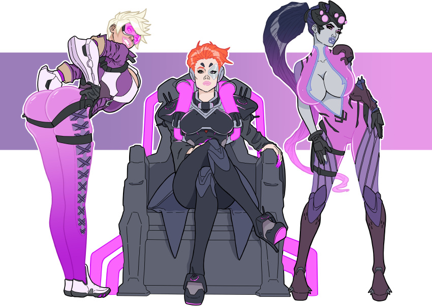 absurdres banedearg bimbofication blonde_hair blue_hair breasts cleavage female_only large_breasts moira_o'deorain overwatch red_hair tracer widowmaker