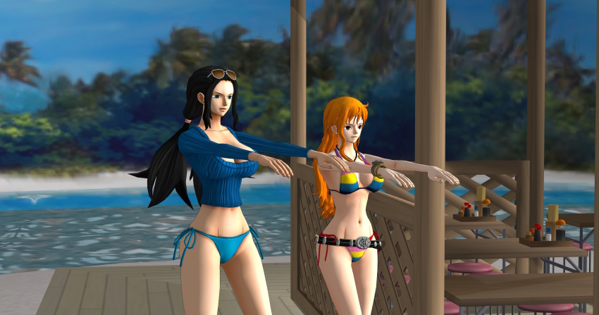 3d absurdres beach bikini black_hair bobboxbody breasts empty_eyes expressionless female_only femsub glasses large_breasts long_hair multiple_subs nami_(one_piece) nico_robin one_piece orange_hair twintails zombie_walk