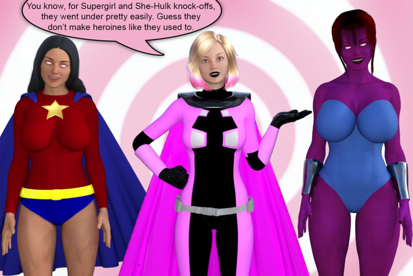 3d blonde_hair cape colossa_(hypnolordx) dialogue female_only femdom femsub gwen_poole gwenpool happy_trance humor marvel_comics spiral spiral_eyes super_hero superstar_(hypnolordx) symbol_in_eyes text theheckle