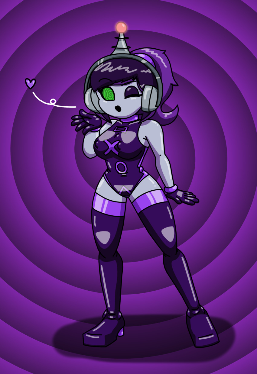 absurdres antenna blowing_kiss female_only fembot femsub gloves green_eyes grey_skin headphones heart high_heels latex leotard lipstick looking_at_viewer multicolored_hair one_eye_open original purple_hair robot_girl short_hair solo spiral_background spiral_eyes spiralwash_eyes standing supertechno324 tech_control thigh_boots thighhighs wink