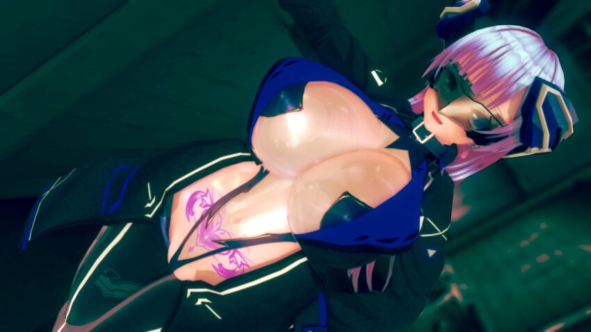 3d arms_behind_back blue_eyes breasts cleavage clothed collar crotch_tattoo custom_maid_3d_2 dq8kswynrk4fncr female_only femsub heterochromia high_heels huge_breasts jacket leotard long_hair looking_at_viewer navel original pink_hair see-through smile solo standing tattoo thighhighs visor