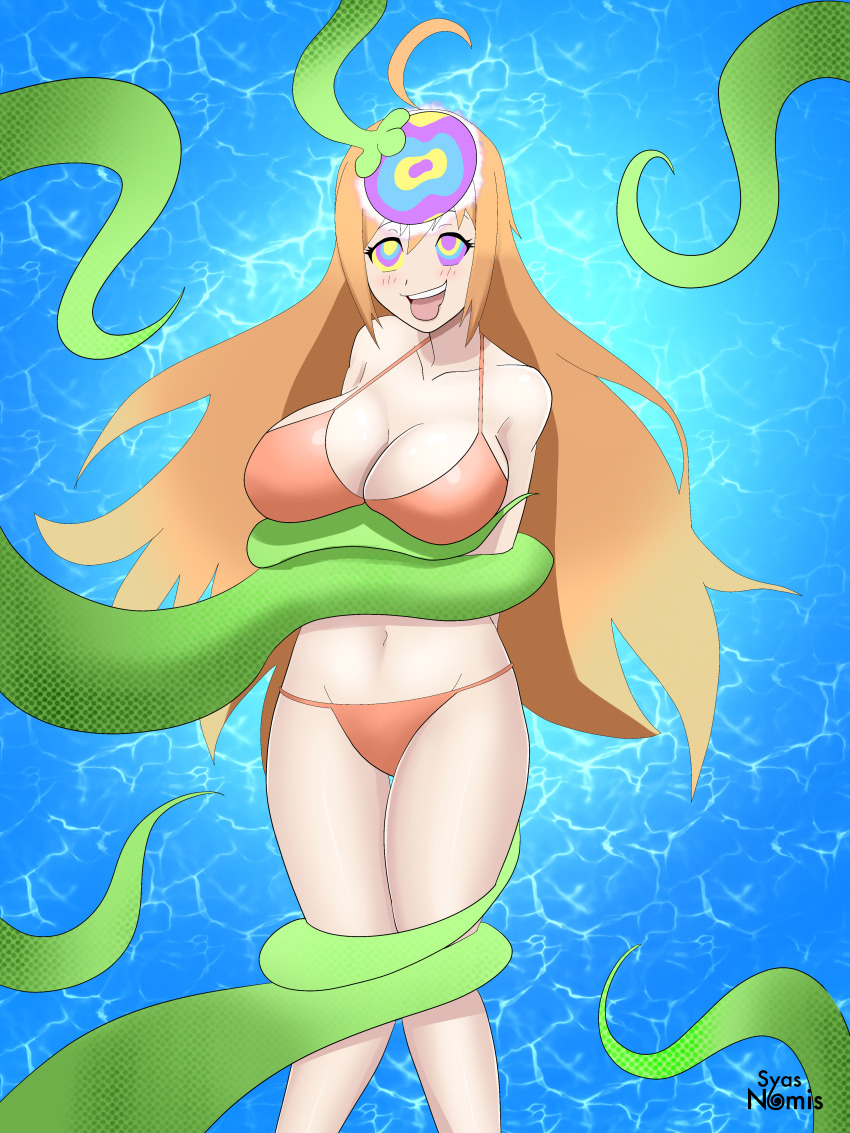 absurdres blue_background blush breasts cleavage cygames female_only femsub happy_trance large_breasts navel open_mouth orange_hair pecorine princess_connect! ring_eyes signature simple_background smile solo swimsuit syas-nomis tentacles tongue tongue_out very_long_hair