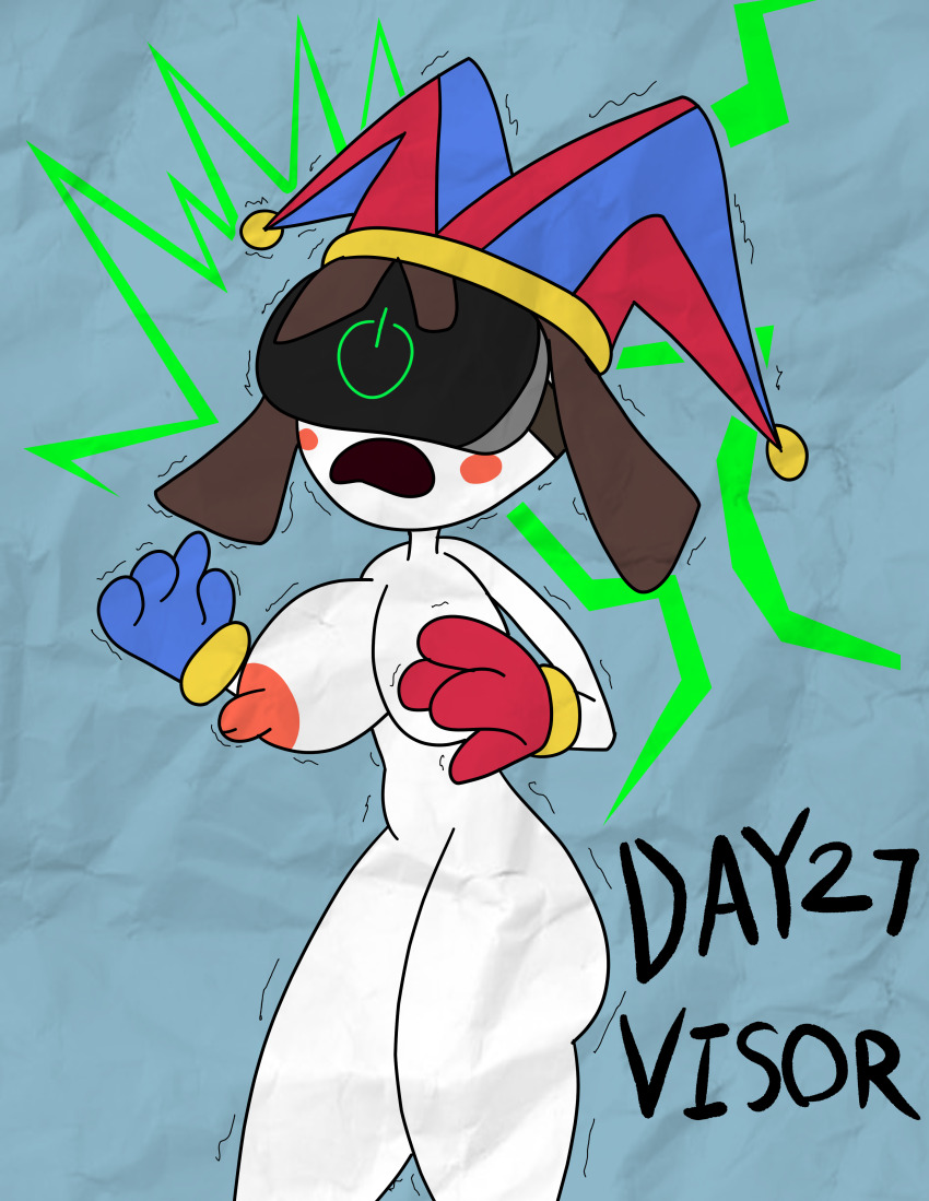 breasts brown_hair clown clown_girl femsub hypnovember nude pomni simple_background tagme tcross tech_control text the_amazing_digital_circus visor