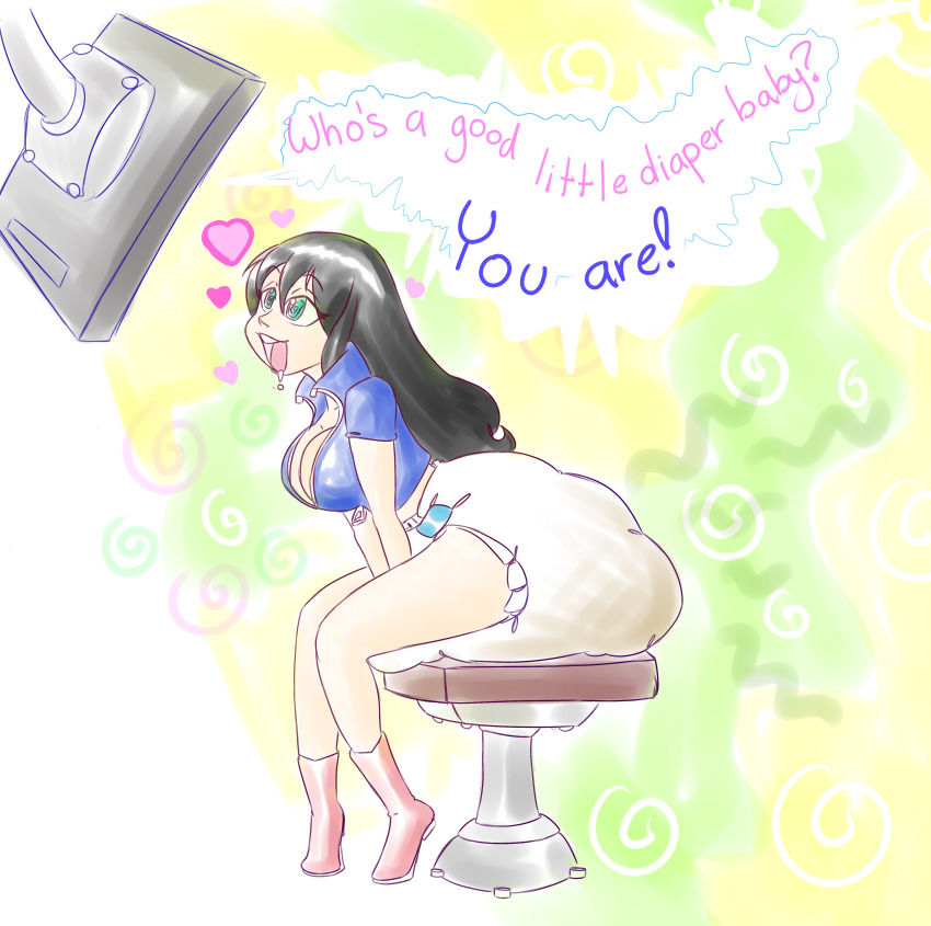 absurdres age_regression black_hair breasts diaper drool female_only femsub green_eyes happy_trance heart hypnotic_screen large_breasts long_hair nico_robin one_piece open_mouth rfswitched scat smell smile solo spiral_eyes symbol symbol_in_eyes text tongue