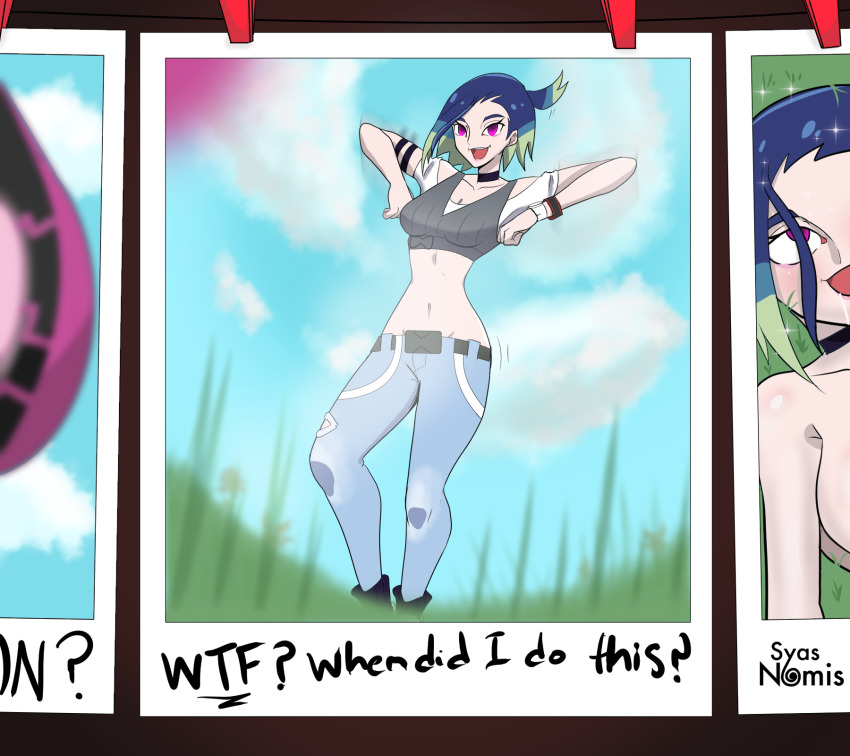 blue_hair dancing femsub jeans midriff mochi_dance nintendo pecharunt perrin_(pokemon) pokemon pokemon_(creature) pokemon_scarlet_and_violet ponytail purple_eyes short_hair sideboob smile syas-nomis text