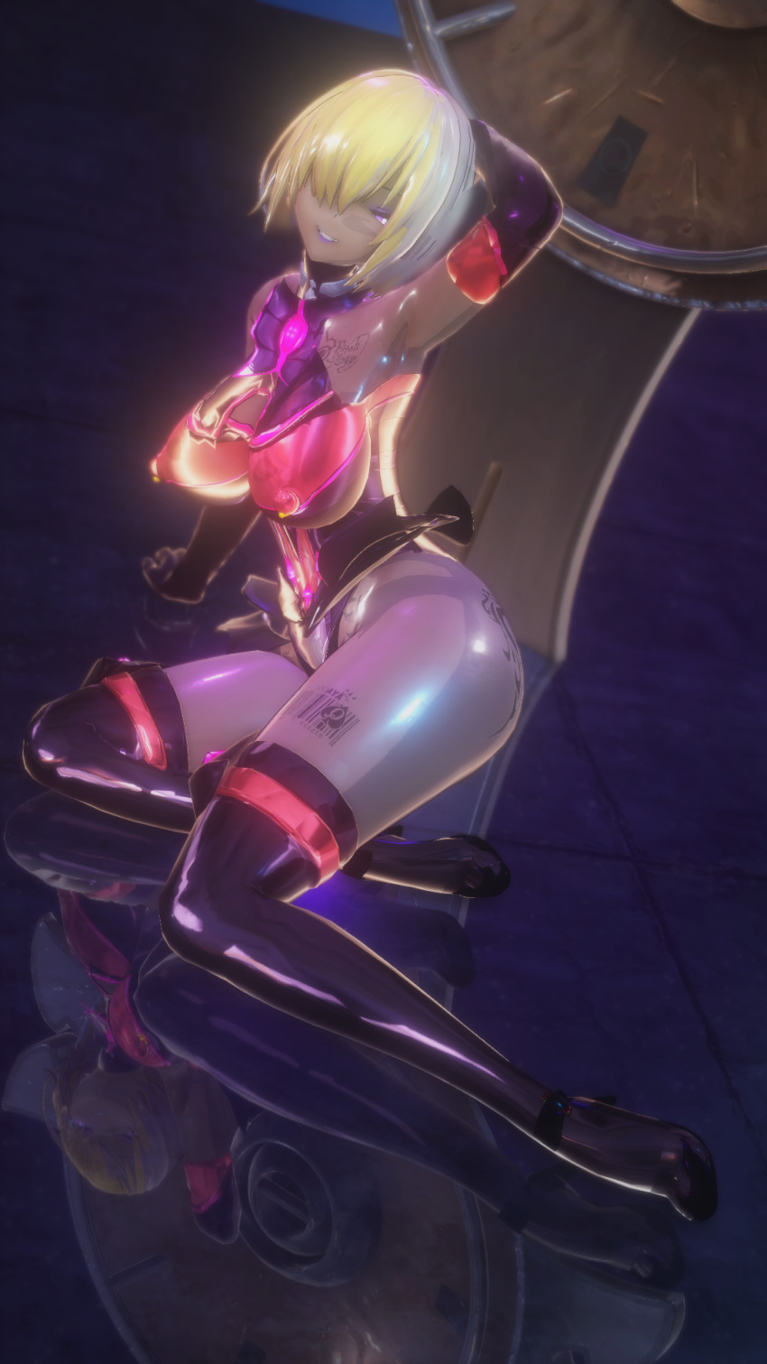 3d alternate_costume armor ass barcode bare_shoulders before_and_after blonde_hair breast_expansion breasts choker clothed_exposure corruption dark_skin english_text evil_smile fate/grand_order fate_(series) female_only femsub gloves glowing hair_covering_one_eye high_heels huge_breasts kneeling koikatsu! large_ass mashu_kyrielight midriff navel nipples opera_gloves pink_eyes posing qos reflection see-through shield simple_background smile solo taihou1944 tattoo text thighhighs thighs transformation