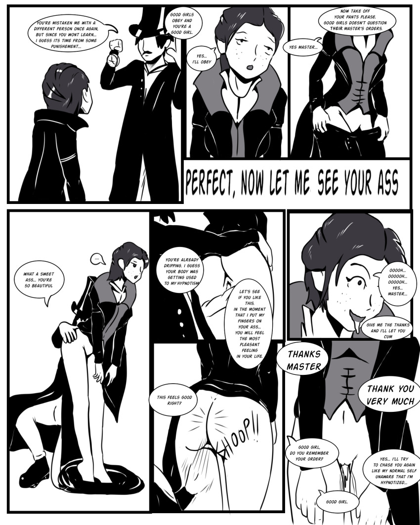 anal_fingering anus assassin's_creed bottomless comic enzio_capelli evie_frye femsub fingering good_sub_conditioning greyscale humor idpet lineart maledom parody pussy text unaware