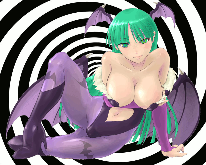 adder animated animated_eyes_only animated_gif breasts capcom cleavage danni68_(manipper) darkstalkers demon_girl femdom green_hair hypnotic_eyes kaa_eyes large_breasts long_hair looking_at_viewer manip monster_girl morrigan_aensland pov pov_sub succubus traditional wings