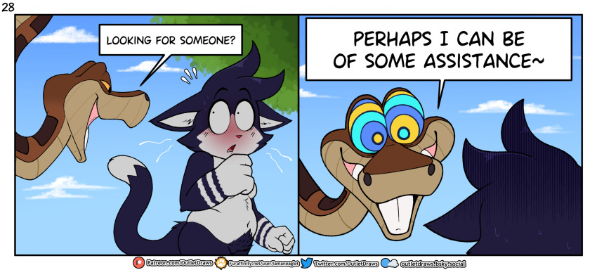 blush cat_boy disney english_text furry hypnotic_eyes iamaneagle kaa kaa_eyes maledom malesub multiple_boys open_mouth original outdoors outlet_(iamaneagle) ring_eyes snake snake_boy speech_bubble surprised tagme text the_jungle_book