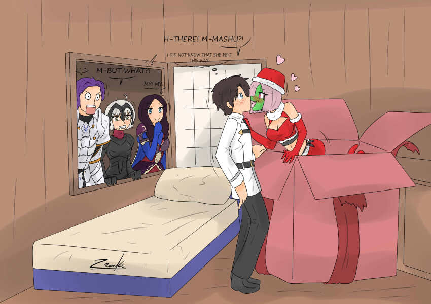 absurdres bed black_hair blush christmas cleavage corruption crossover fate/grand_order fate_(series) femsub grey_hair hat heart jeanne_d'arc_(fate) kissing leonardo_da_vinci_(fate) open_mouth pink_eyes pink_hair possession purple_hair ritsuka_fujimaru santa_hat text the_mask thought_bubble tikoriko