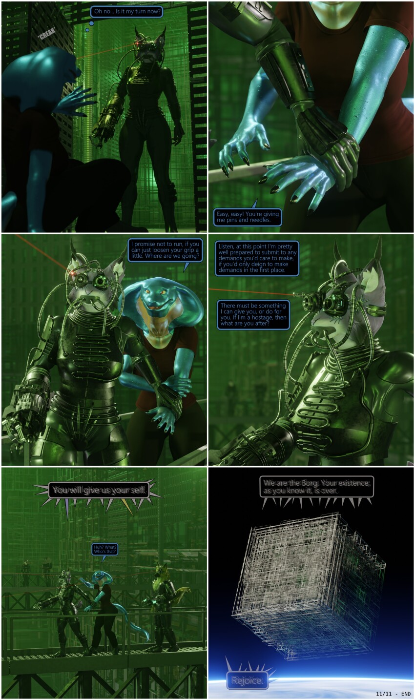 3d armor assimilation borg cat_girl comic complex_background drone dronification expressionless furry hivemind hypnotized_hypnotist laser_pointer lizard_boy mass_hypnosis prosthetic_limb scalie snake_girl speech_bubble star_trek tech_control text thalarynth_(manipper) thought_bubble wolf_boy