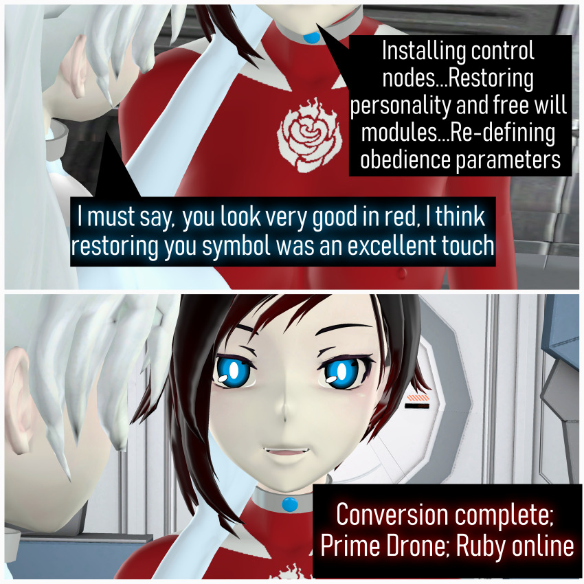 3d absurdres collar comic female_only femsub graybot multiple_girls ruby_rose rwby tagme tech_control tepmarmy text weiss_schnee