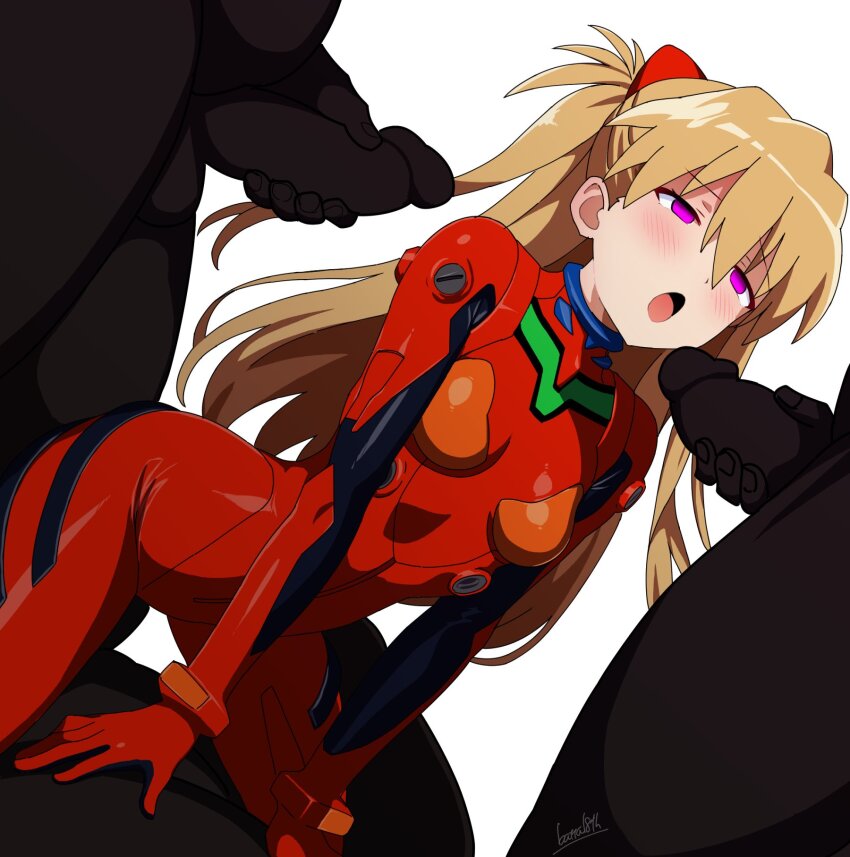 asuka_langley_soryu batta18th blonde_hair blush bodysuit cowgirl_position cuffs empty_eyes femsub heavy_eyelids long_hair maledom neon_genesis_evangelion open_mouth penis pink_hair rubber signature simple_background small_breasts twintails white_background
