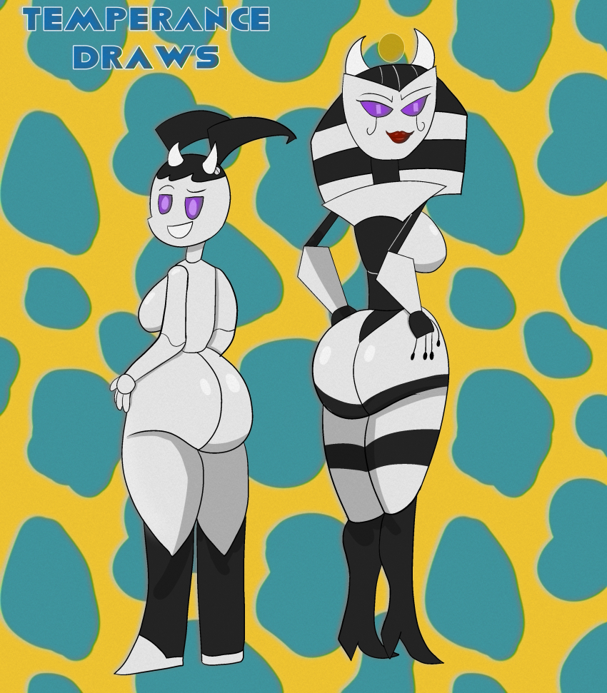 alternate_color_scheme ass breasts cow_girl female_only femsub glowing_eyes hand_on_hip jenny_wakeman looking_at_viewer looking_back multiple_girls multiple_subs my_life_as_a_teenage_robot nickelodeon purple_eyes robot robot_girl smile tech_control temperancedraws vexus