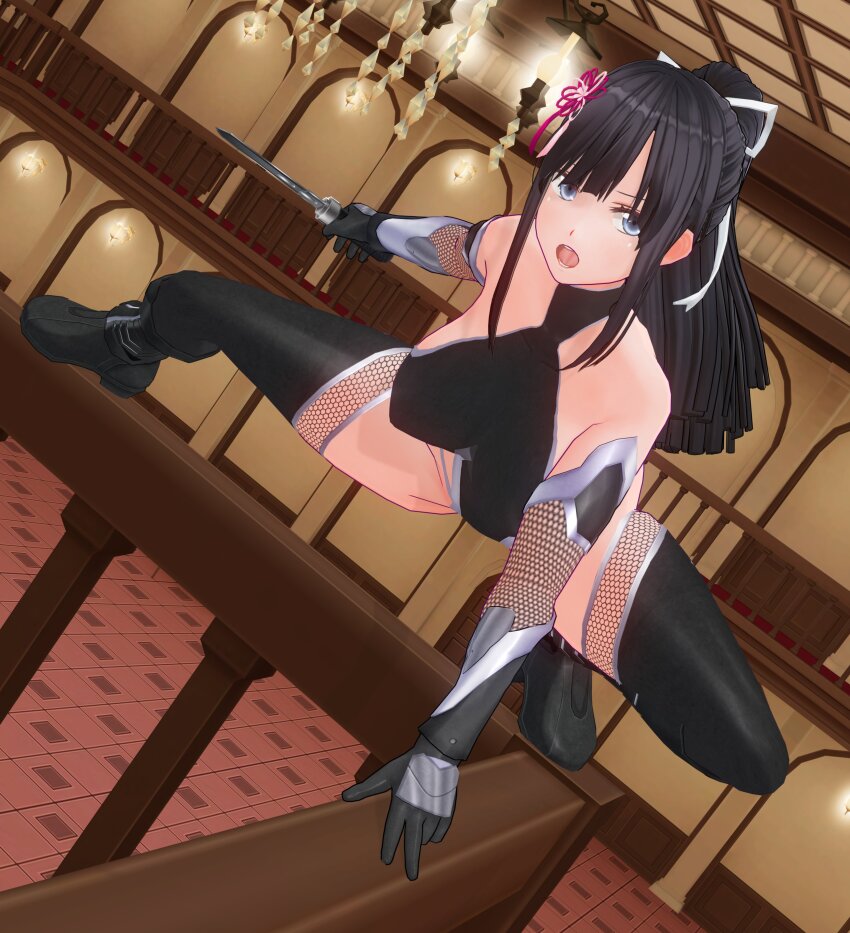 3d bare_shoulders before_and_after black_hair blue_eyes boots cosplay custom_maid_3d_2 dfish303 female_only fishnets gloves hair_ornament knife leotard looking_at_viewer ninja open_mouth opera_gloves original ponytail solo spread_legs taimanin_(series) thigh_boots thighhighs weapon