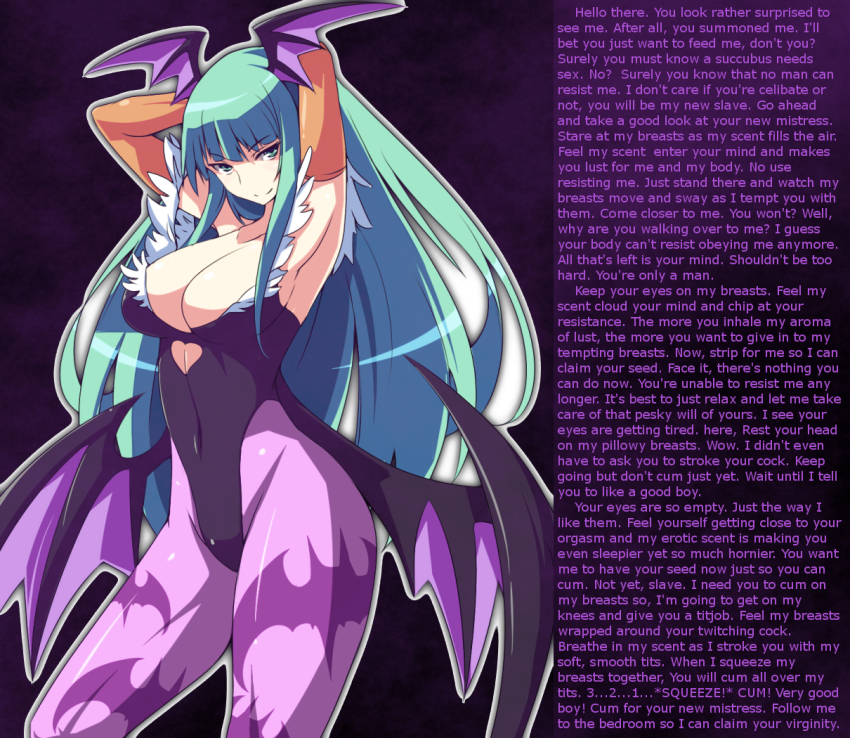 blue_hair breasts capcom caption caption_only darkstalkers demon_girl femdom green_eyes green_hair hwd171_(manipper) large_breasts long_hair looking_at_viewer male_pov manip masturbation_command monster_girl morrigan_aensland orgasm_command pantyhose pov pov_sub succubus text thighhighs wings