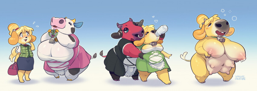 animal_crossing before_and_after bell_collar breast_expansion breasts cherry_(animal_crossing) cow_girl dog_girl drinking force_feeding furry happy_trance hypnotic_accessory isabelle_(animal_crossing) lactation multiple_breasts nintendo simple_background teats tipper_(animal_crossing) transformation udders vaguecreature weight_gain