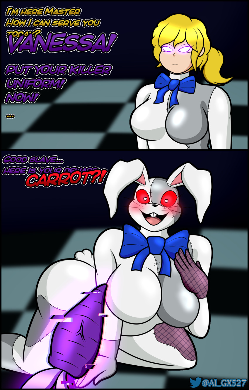 al_gx all_fours bunny_ears bunny_girl bunnysuit carrot empty_eyes expressionless female_only femsub five_nights_at_freddy's five_nights_at_freddy's:_security_breach furry fursuit glowing_eyes happy_trance large_breasts standing vanessa_(five_nights_at_freddy's) vanny