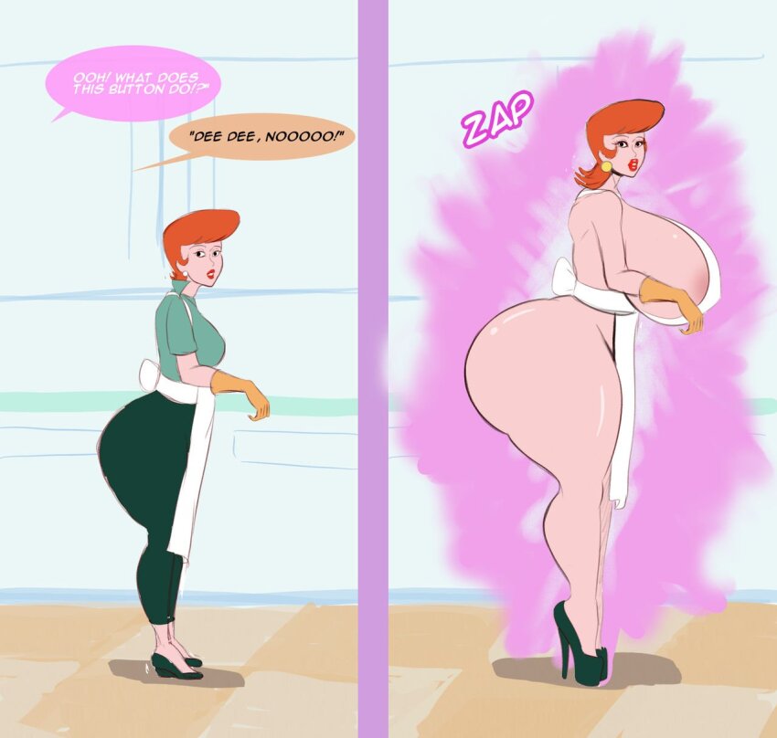 accidental_hypnosis apron ass ass_expansion bimboannon bimbofication breast_expansion breasts dexter's_laboratory expressionless femsub gloves high_heels huge_ass huge_breasts milf mom_(dexter's_lab) orange_hair red_lipstick short_hair sideboob text
