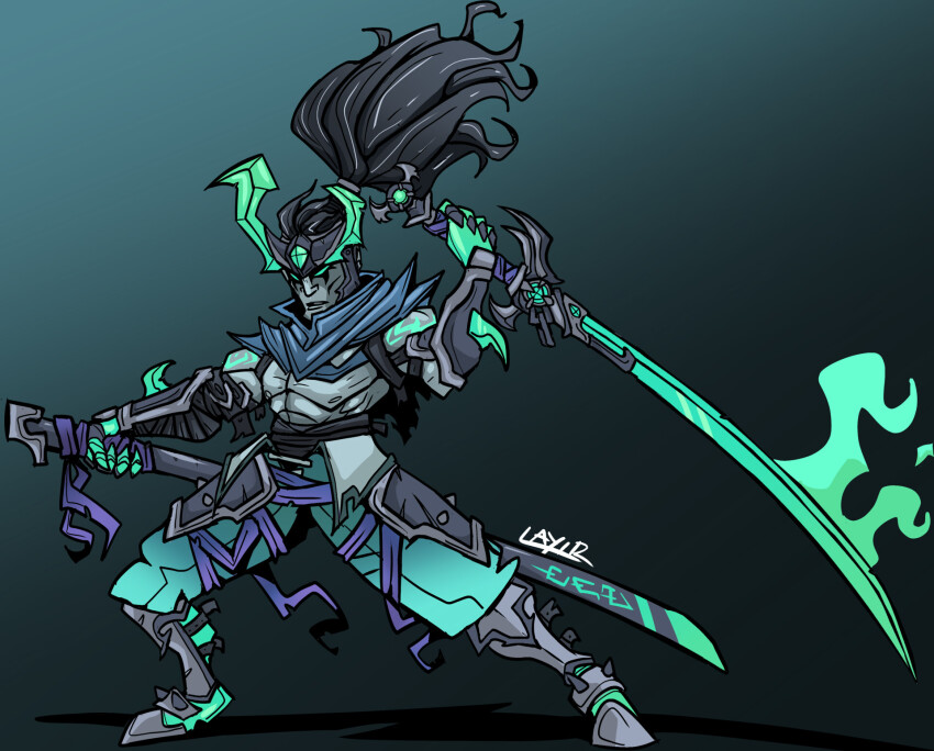 abs alternate_costume aura black_hair clothed corruption eye_color_change eyeshadow facial_markings green_eyes king layir league_of_legends makeup male_only maledom malesub pale_skin ponytail possession royalty ruination simple_background standing sword viego_(league_of_legends) weapon yasuo_(league_of_legends)