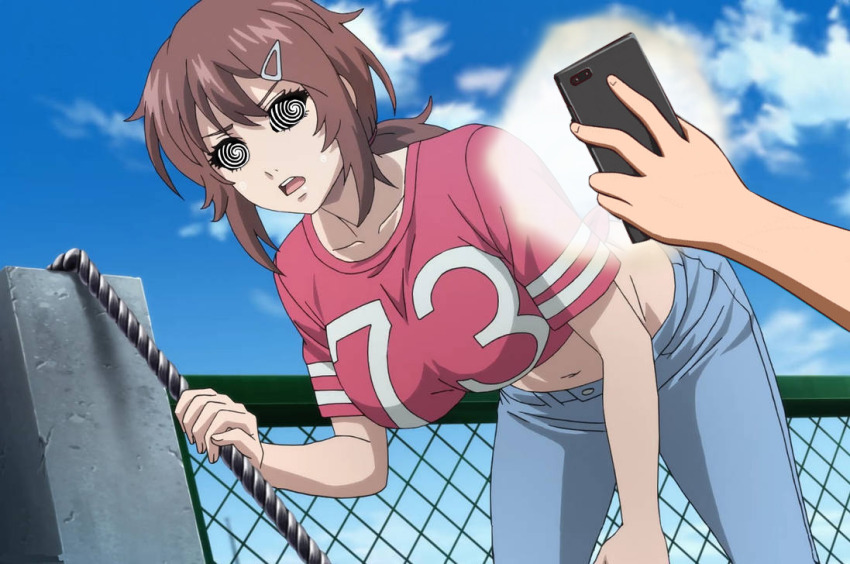 brown_hair eveningdawn_(manipper) femsub large_breasts maledom manip megumi_saito navel open_mouth phone spiral_eyes symbol_in_eyes tech_control tenkuu_shinpan