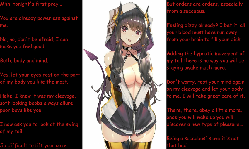 bare_shoulders black_hair breasts brown_hair caption caption_only cleavage demon_girl female_only femdom gloves hypnotic_breasts hypnotic_tail large_breasts long_hair looking_at_viewer male_pov manip monster_girl opera_gloves original pov pov_sub succubus tail teddy_(khanshin) text thighhighs twintails