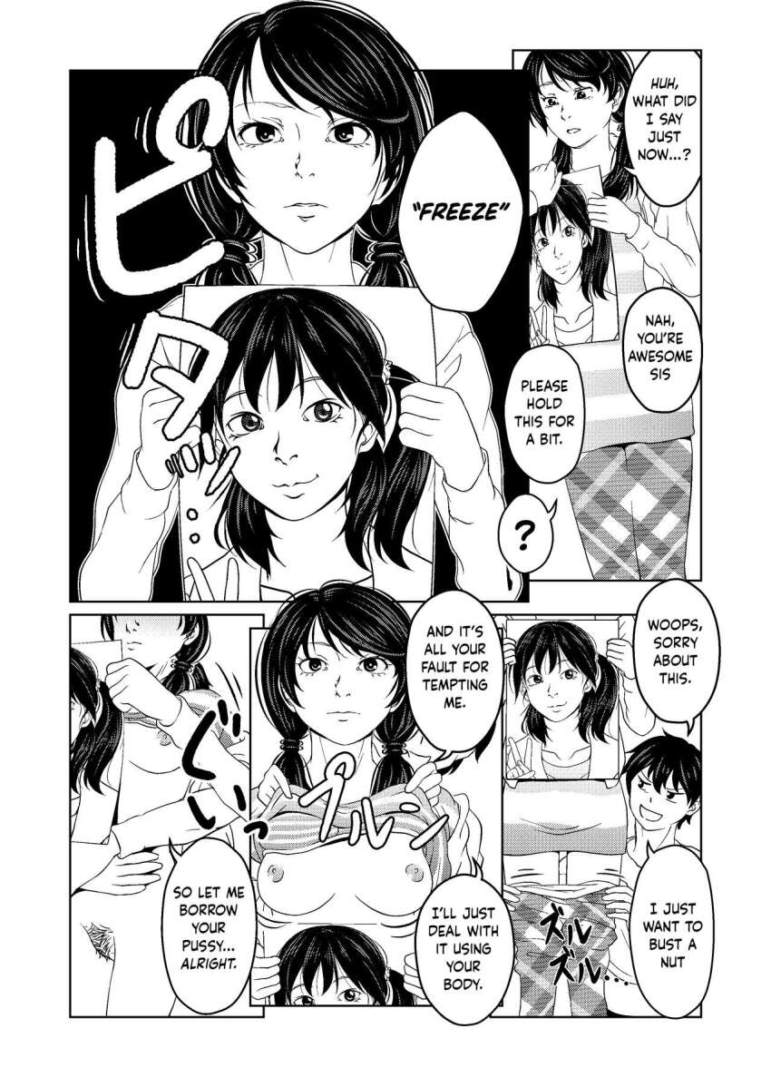aeni9ma bottomless breasts brother_and_sister comic expressionless femsub greyscale hard_translated incest long_hair maledom open_clothes original text time_stop translated twintails unaware undressing