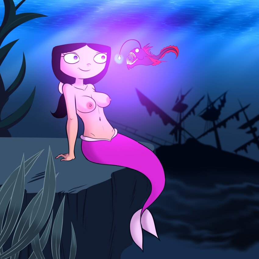 aged_up angler_fish_lure black_hair breasts disney empty_eyes femsub hypnotic_light isabella_garcia-shapiro katsiika mermaid phineas_and_ferb ship sitting smile tied_hair underwater