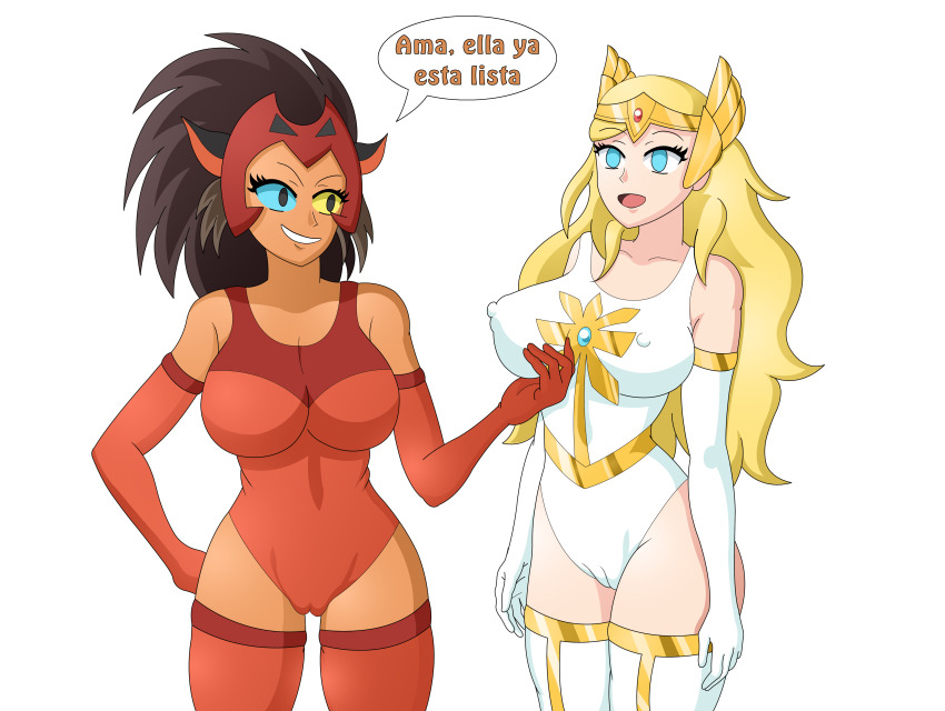 absurdres animal_ears black_hair blonde_hair breasts cameltoe cat_ears cat_girl catra crown dark_skin empty_eyes erect_nipples evil_smile female_only femdom femsub furry gloves happy_trance holding_breasts jewelry large_breasts long_hair open_mouth opera_gloves satosatori she-ra she-ra_and_the_princesses_of_power simple_background smile standing standing_at_attention text thighhighs tongue translation_request white_background