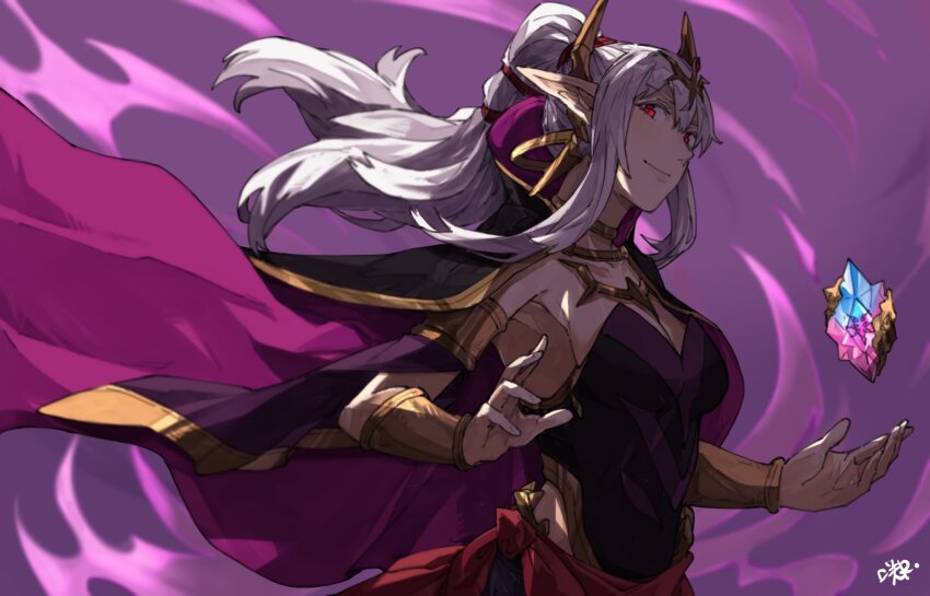 alternate_costume alternate_hair_color aura breasts cape cleavage corruption crystal elf_ears evil_smile femsub fire_emblem fire_emblem_awakening fire_emblem_heroes grima_(fire_emblem_awakening) happy_trance hypnotic_accessory looking_at_viewer nintendo ponytail possession purple_background red_eyes smile tiki_(fire_emblem)
