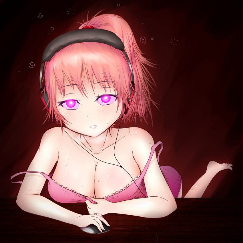barefoot blush breasts cleavage crystal_(zko) dazed expressionless feet femsub glowing glowing_eyes headphones large_breasts open_mouth original pink_hair ponytail sweat tech_control undressing zko