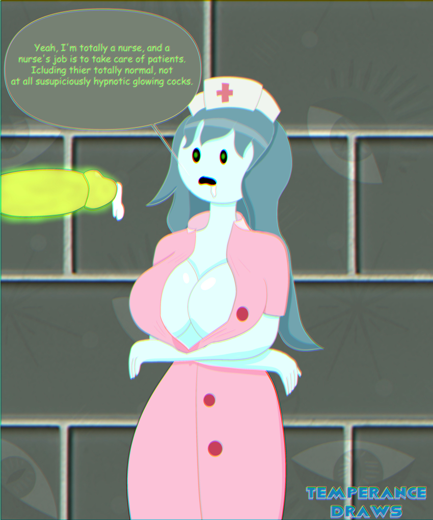absurdres breasts cum cum_in_mouth femsub ghost ghost_girl glowing glowing_cock glowing_eyes hat hypnotic_penis large_breasts long_hair maledom nurse open_mouth penis spooky's_jump_scare_mansion spooky_(spooky's_jump_scare_mansion) temperancedraws text uniform