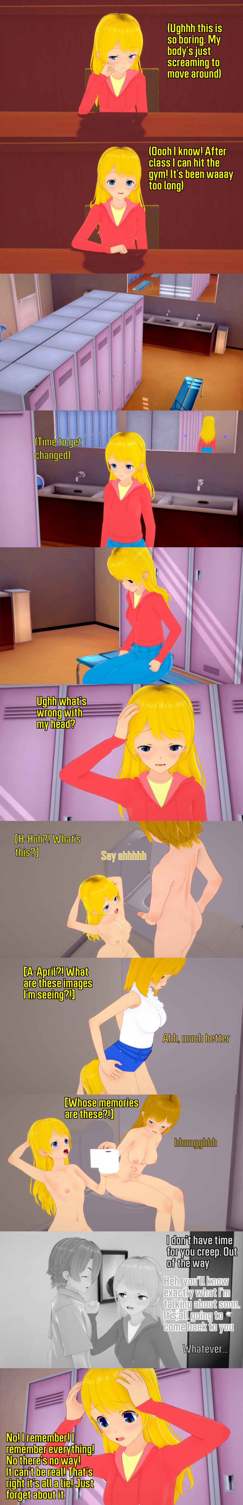 3d absurdres altered_common_sense angry april_(veritas) aware blonde_hair blue_eyes brother_and_sister brown_eyes clothed dialogue english_text femsub golden_shower green_eyes lauren_(veritas) locker_room long_hair maledom matthew_(veritas) melina_(veritas) multiple_girls multiple_subs pee_drinking short_hair sisters text urination veritas zenin1