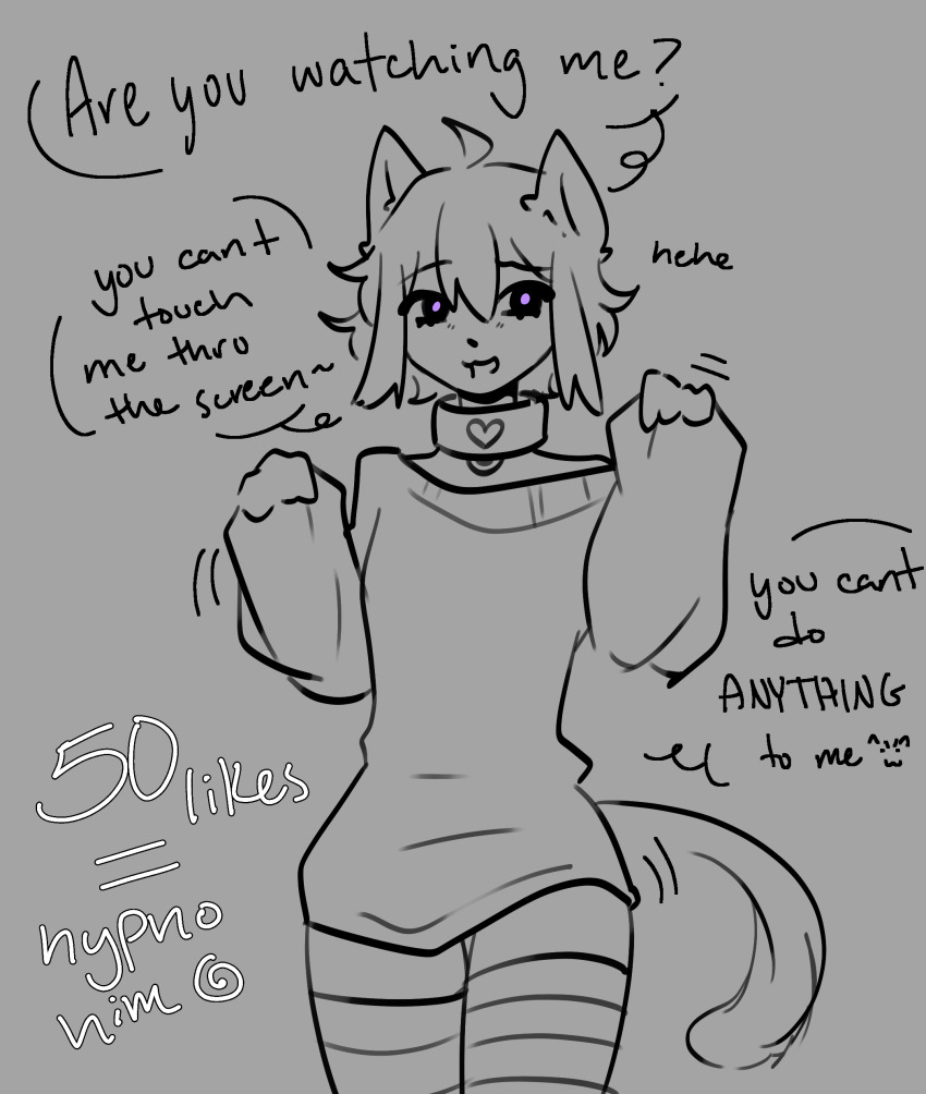 ahoge cat_boy cat_ears clothed collar dialogue male_only matraki monochrome open_mouth original sequence short_hair sketch smile solo standing sweater text thighhighs