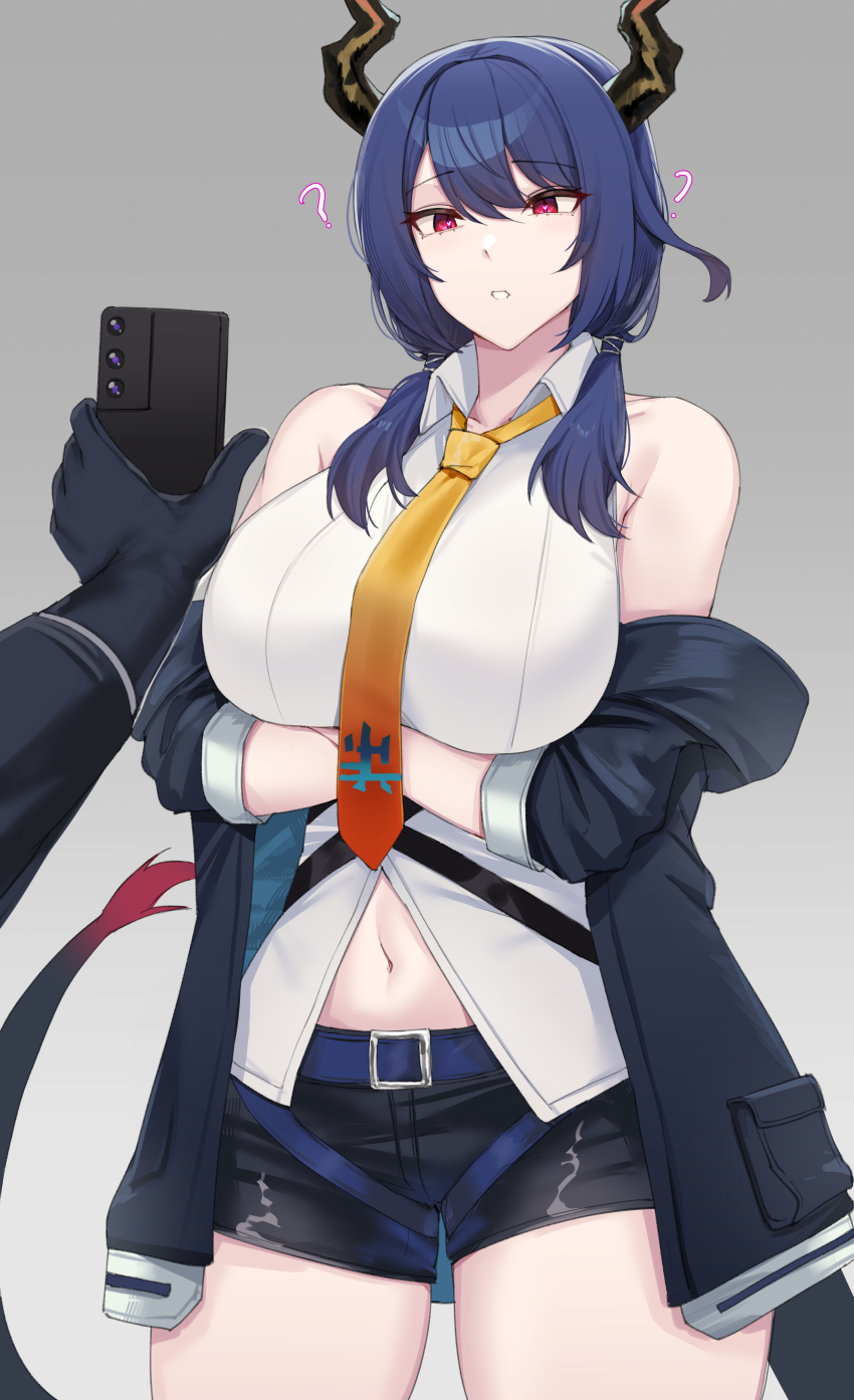 absurdres arknights bare_shoulders belt blue_hair breasts cell_phone ch'en_(arknights) dazed expressionless femsub heart_eyes huge_breasts jean_shorts kanta_077 large_breasts long_hair maledom navel phone red_eyes shorts simple_background symbol_in_eyes tech_control