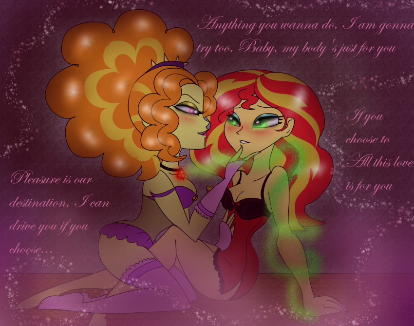 adagio_dazzle blonde_hair blush breasts chin_hold cleavage equestria_girls female_only femdom femsub glowing glowing_eyes hypnotic_audio hypnotic_music large_breasts lingerie long_hair magic multicolored_hair my_little_pony necklace orange_hair purfectprincessgirl red_hair sunset_shimmer text thighhighs underwear yuri