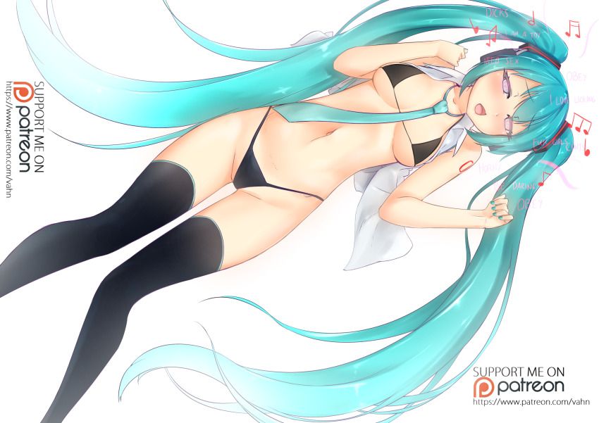 blush breasts cyan_hair female_only femsub glowing glowing_eyes happy_trance headphones long_hair looking_at_viewer micro_bikini miku_hatsune open_mouth solo spiral_eyes symbol_in_eyes tech_control text thighhighs twintails underwear vahn_yourdoom vocaloid