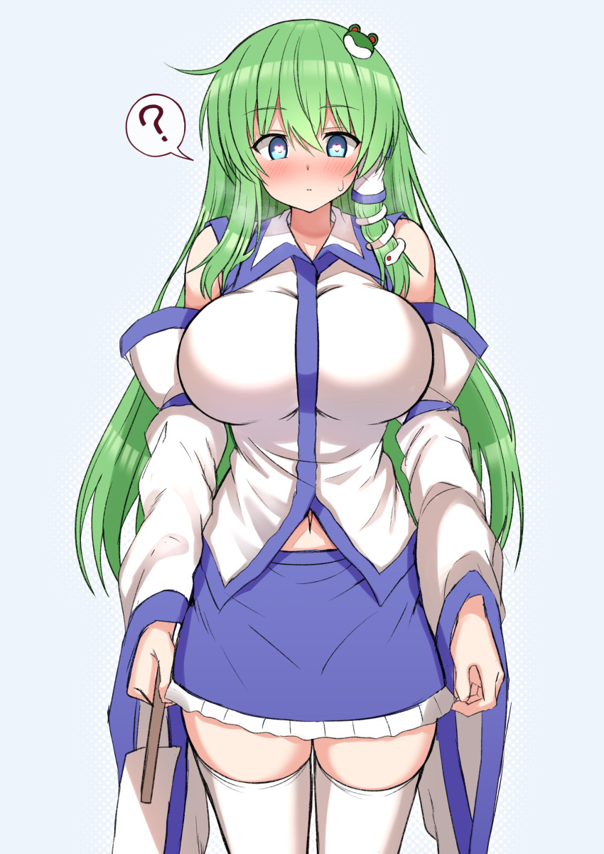 absurdres blue_eyes expressionless female_only femsub green_hair huge_breasts long_hair navel pov_dom sanae_kochiya short_skirt skirt solo standing standing_at_attention thighhighs tie tksand touhou white_background