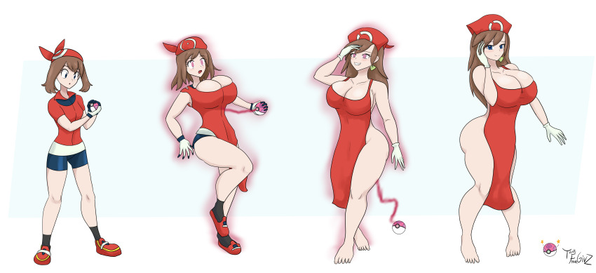 age_progression ass ass_expansion blue_eyes breast_expansion breasts breeder_(pokemon) cleavage dress earrings feet femsub gloves glowing glowing_eyes hair_growth happy_trance hat hypnotic_accessory hypnotic_eyes may milf mind_hack naked_apron nintendo pokeball pokemon sequence spiral_eyes symbol_in_eyes thatfreakgivz transformation