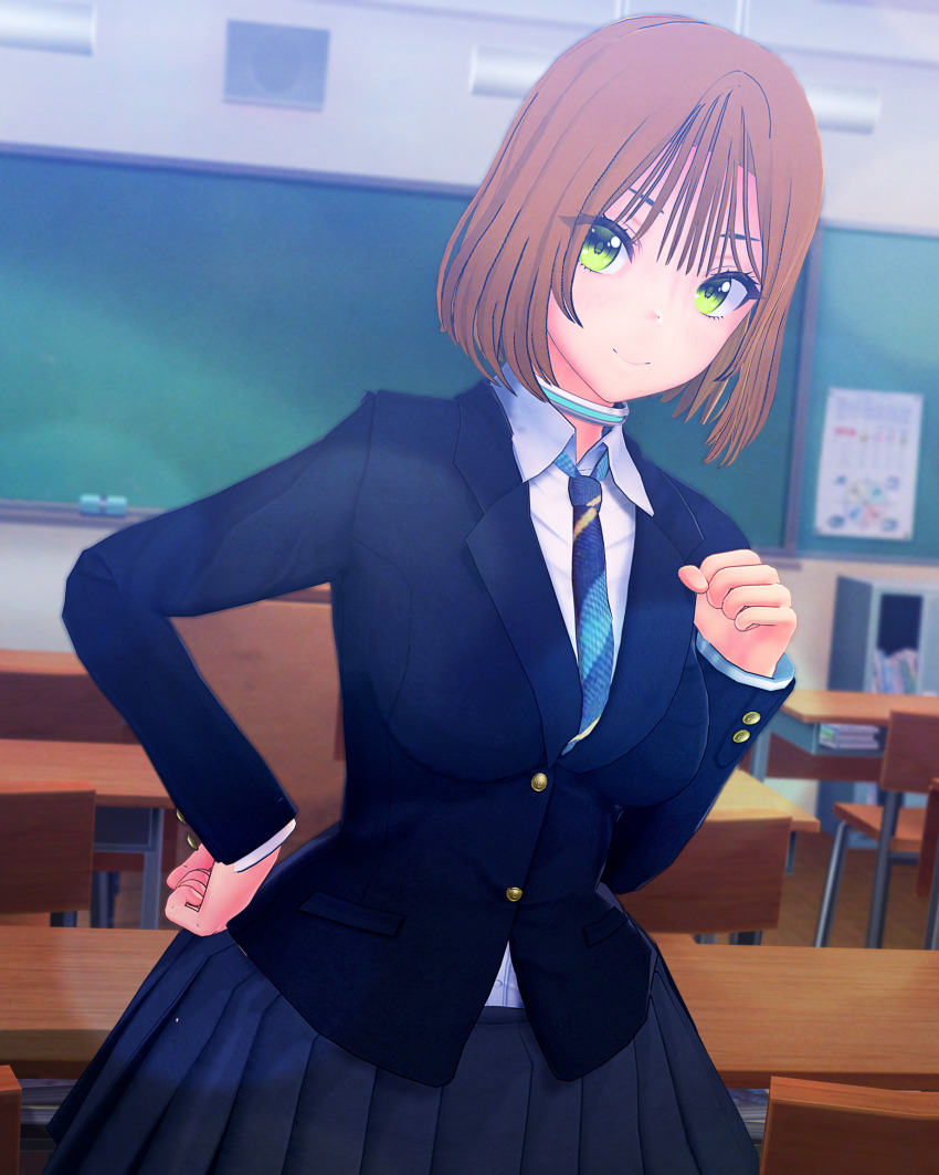 3d before_and_after brown_hair classroom collar custom_maid_3d_2 female_only green_eyes looking_at_viewer nyorohsb original school_uniform short_hair skirt smile solo tie