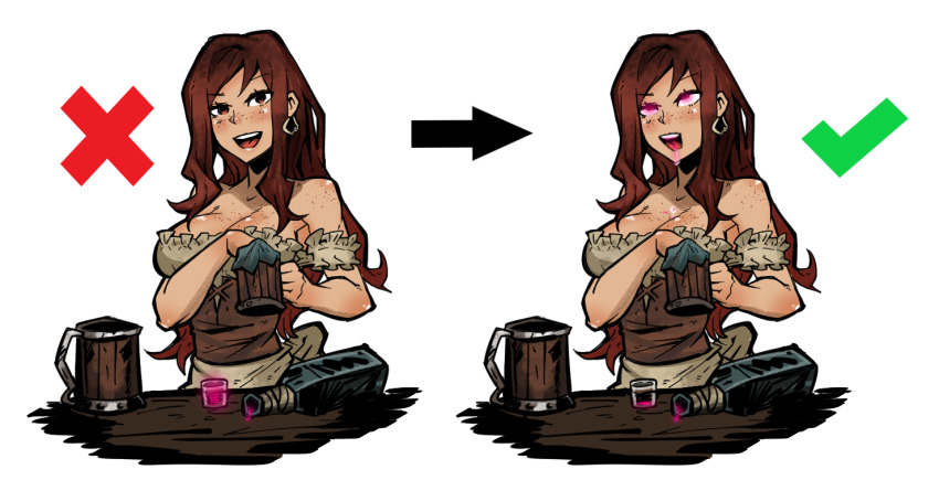 before_and_after breasts cleavage darkest_dungeon drool earrings erect_nipples eye_roll female_only freckles glowing glowing_eyes grim_(manipper_a_different_one) hypnotic_drink jewelry large_breasts magic manip pizza_surgeon red_hair